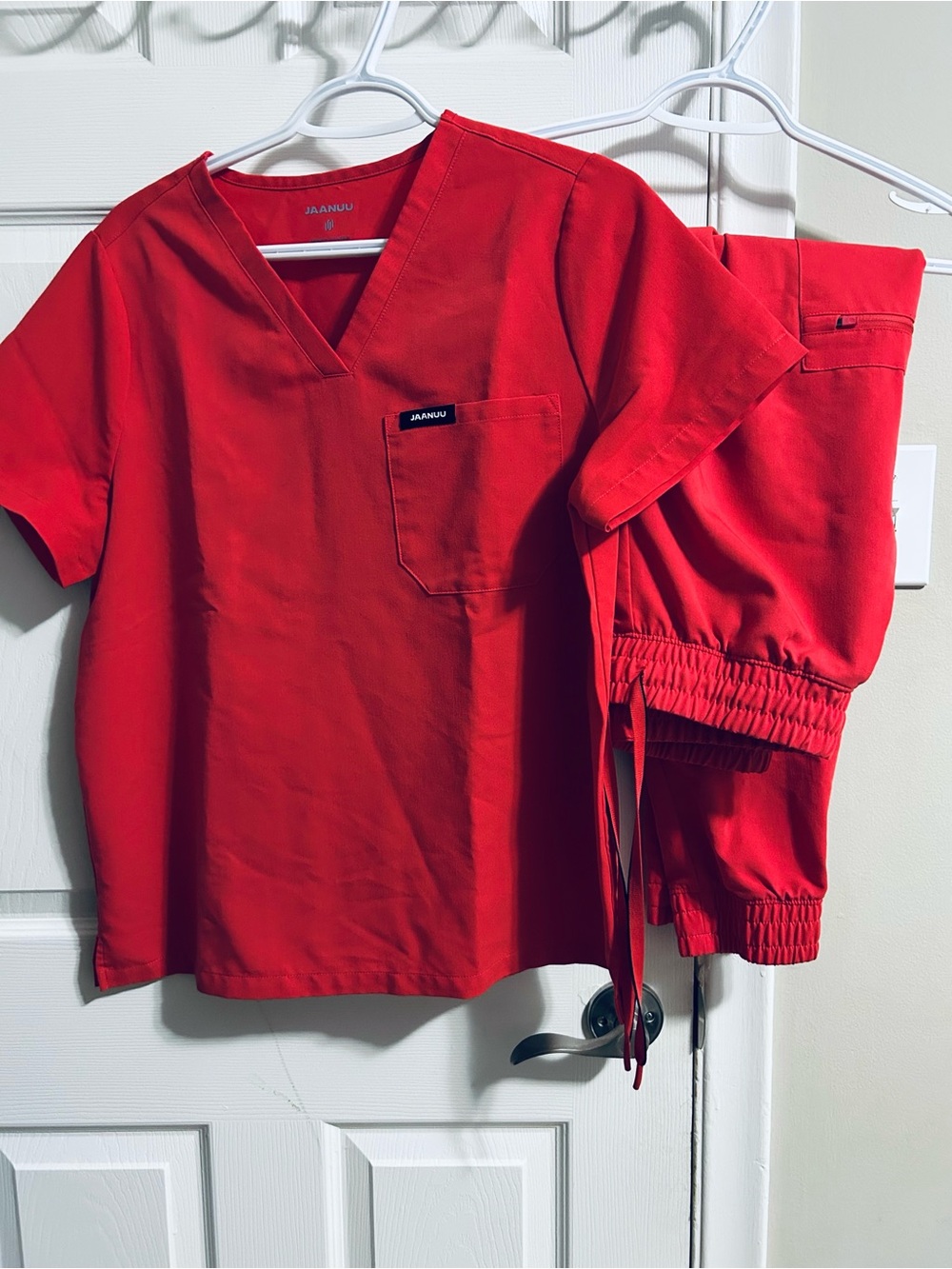 Jaanuu Bright Red V-Neck Scrub Top and Jogger Pants